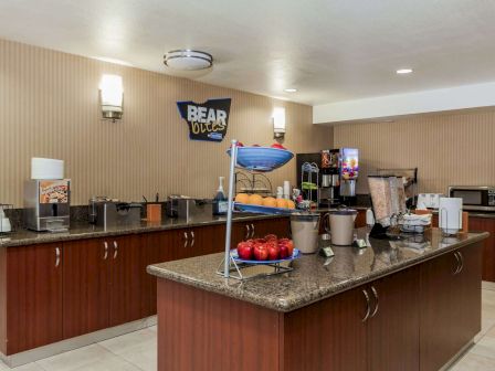 A breakfast buffet setup with dispensers, fruits, coffee machine, and various breakfast items on counters in a room with modern lighting.