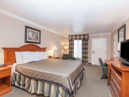 The image shows a hotel room with a large bed, two nightstands, a TV on a dresser, a desk with a chair, and an armchair near the window.