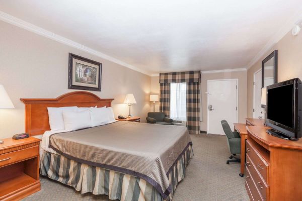 The image shows a hotel room with a large bed, two nightstands, a TV on a dresser, a desk with a chair, and an armchair near the window.